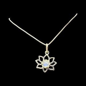 Moonstone Lotus Flower Pendant Necklace 925 Sterling Silver 18in chain Handmade